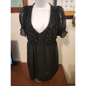 ECI New York Black Floral Sheath Blouse Top Women's Size M Medium V-Neck